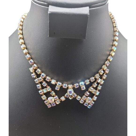 Aurora Borealis Rhinestone Necklace 14" Vintage Irridescent Glowing Chain - Picture 3 of 14